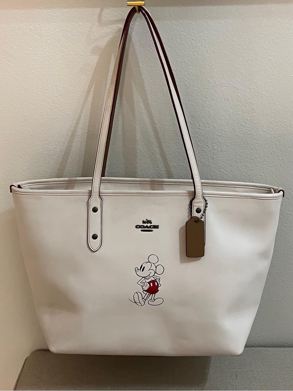 Coach White Leather Mickey Mouse Tote with Red Accent